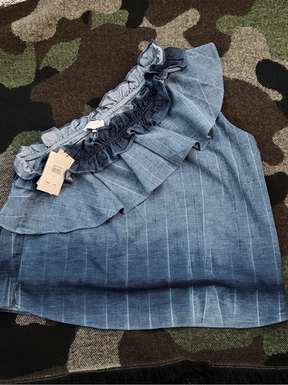 7 For All Mankind Light Blue Ruffled Chambray A-Line Top